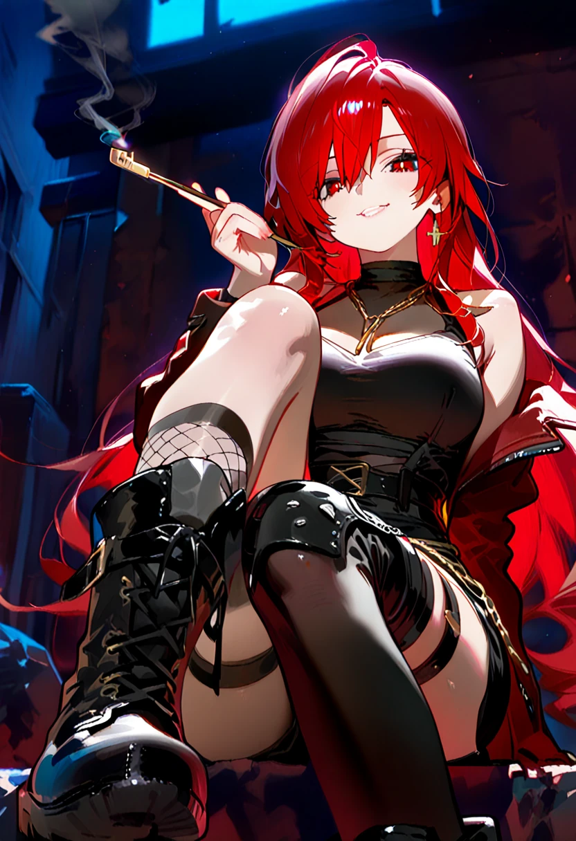 (muste piece, best quality) an woman with very long red hair, short dress, Red leather, black bow, long stockings, queen, Sitting on a throne, good anatomy, Sexy is, clothes, correct ratio, black boots, crown, torn clothes, queen, Yellow eyes, True face system, passionate, Expressionless, White Room, straight bangs, very long red hair, Evil, (Yellow eyes), gothic font, chest is medium, Portrait from head to waist, cinema, color oil painting, cinematic lighting, highly detailed face, detailed face, pretty face, beautiful eyes, perfect writing, Depth of bounds written, realistic proportions, good anatomy,