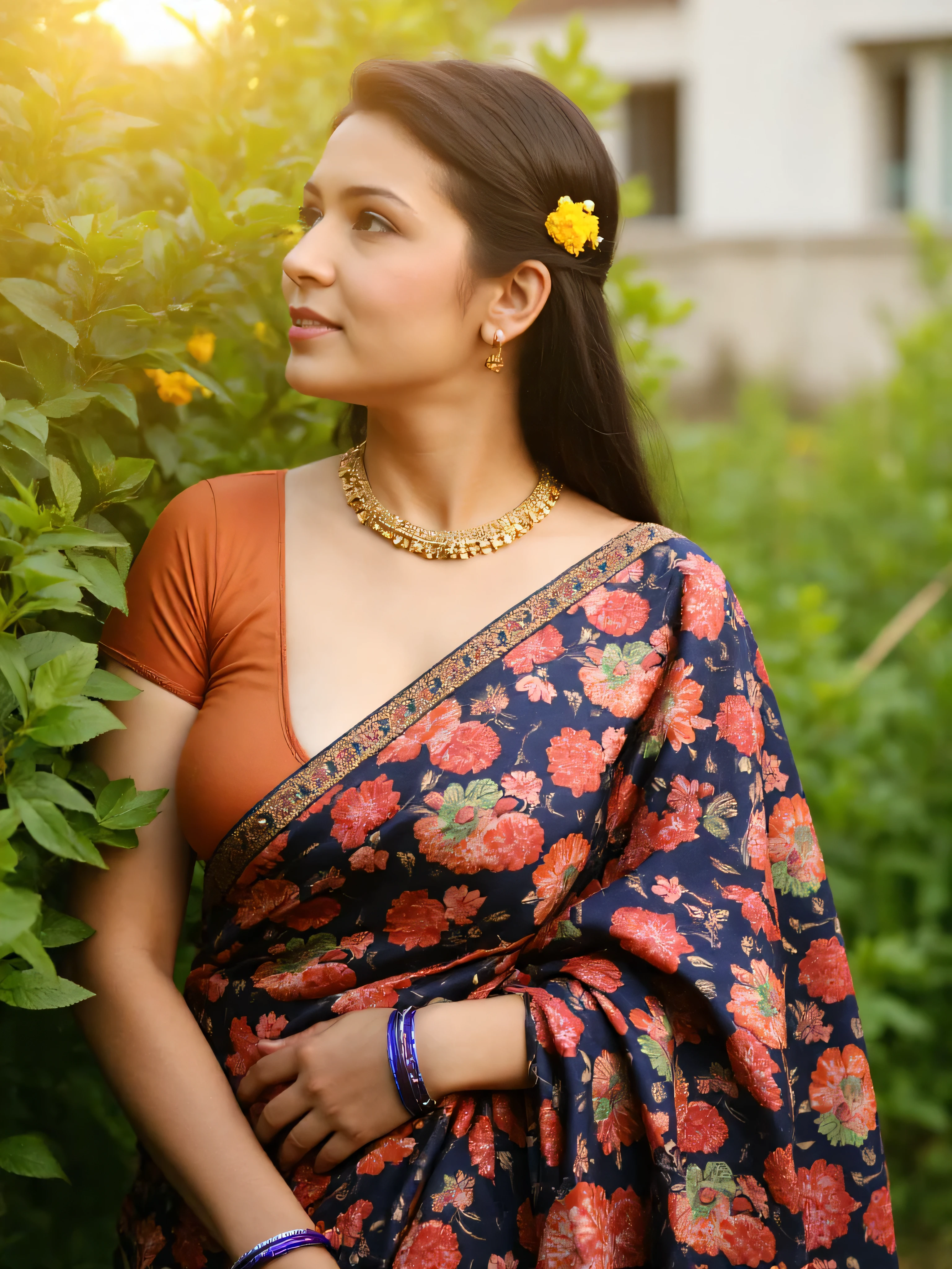 A woman with deep cleavages stands in a sunlit garden, exuding a vibrant and warm presence. She is adorned in a traditional Indian saree featuring a detailed pattern of orange, red, and green floral motifs against a deep navy background. Her short-sleeved blouse is a rich terracotta color, embellished with small gold designs, and complemented by intricate gold trim. The vintage gold necklace around her neck adds elegance to her attire. She has styled her dark hair in a neat fashion, accentuated by yellow flowers near her ear. Matching gold and blue bangles graced her wrist as she gently touches the leaves of a nearby plant. The setting sun casts a golden glow, creating a serene and inviting atmosphere, with lush greenery and softly blurred building in the background. The overall mood of the image is one of tranquility and timeless beauty.