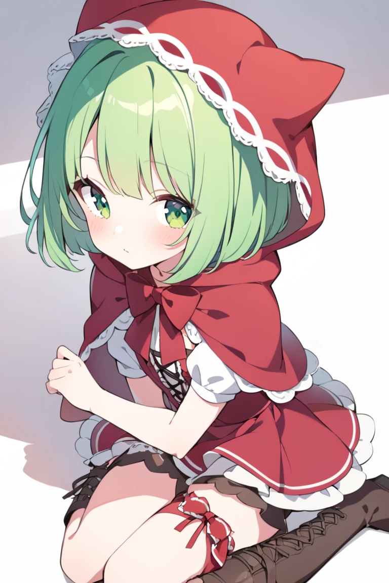 masterpiece, best quality, <lora:KagiyamaHina:1>, <lora:style04:1>,1girl, solo, kagiyama hina, green hair, green eyes, breasts, pantyhose, bare shoulders, front ponytail, strapless, cleavage, black pantyhose, bow, sitting, looking at viewer, medium breasts, adapted costume, hair bow, dress, frills, squiggle, ribbon, blush, strapless dress, between legs, hand between legs, red dress, collarbone, v arms, bare arms, long hair, hair ribbon, skirt, bangs, red bow, simple background, seiza, red ribbon, red skirt, full body, sweatdrop, alternate costume, small breasts, frilled skirt, frilled ribbon