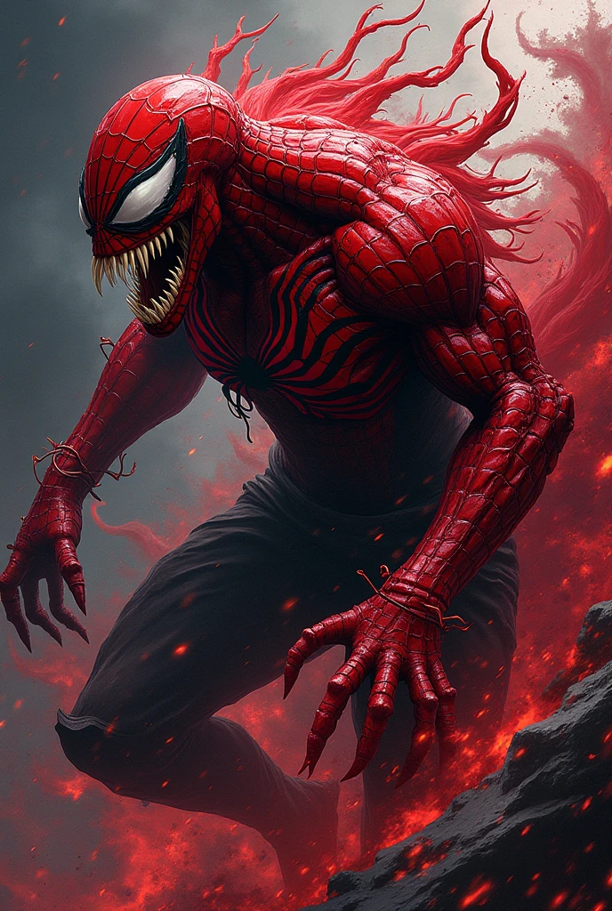 Carnage (Marvel), standard body, rough black skin, sharp teeth, evil smile, beautiful, cool, intricate details, sci-fi, 8K.