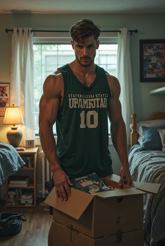 handsome european strong and manly dark blond bodybuilder with thick muscles with a handsome smirk and very detailed open eyes wearing Retro-style sweatshirt and blue jeans at a cozy christmas night sitting on the bed reading a realistic detailed book, dimmed light, small fairy lights, dynamic romantic situation,