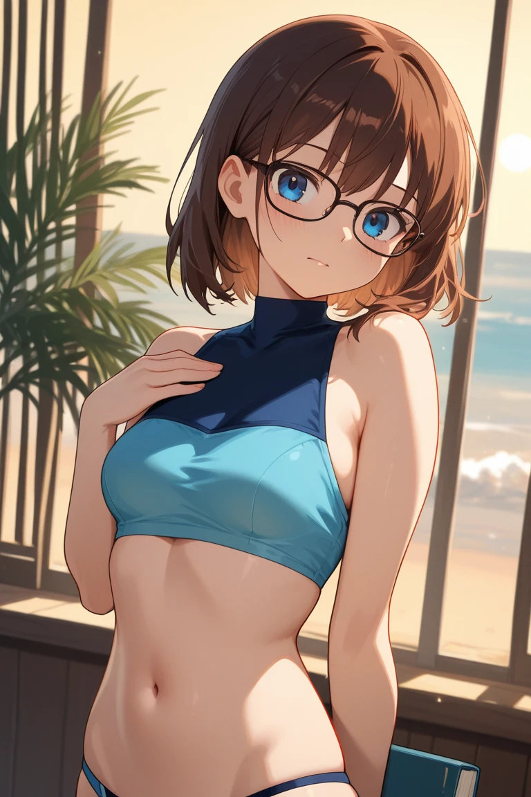 highest quality、Realistic、female、zoom、Chestnut Hair、Blue Eyes、Very Short Hair、athlete、muscle、Swimwear、athlete、muscle、Abdominal muscles、Glasses、Sunburned、Tan、Brown Skin、From below、smile、Ocean、Looking down、、Small breasts、Bust Shot、　