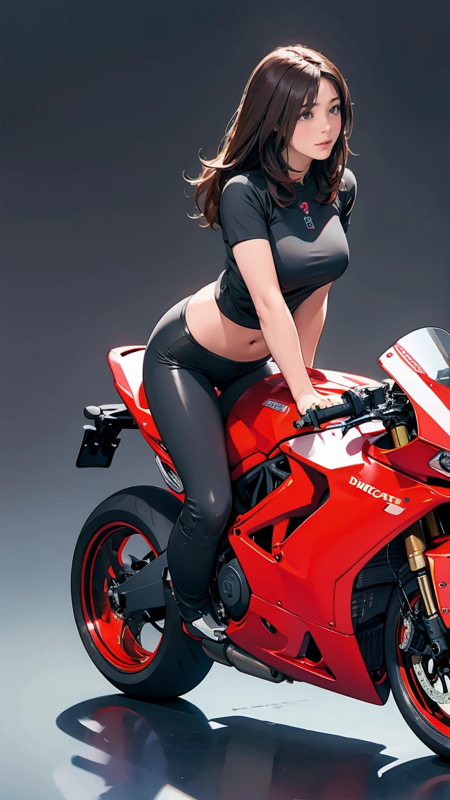Ducati Bikes、Front-opening black leather rider suit、Beautiful girl with long hair、Riding a motorcycle、The front of her cleavage is visible、The zipper goes down to the navel、Mine Fujiko、Perfect Style、