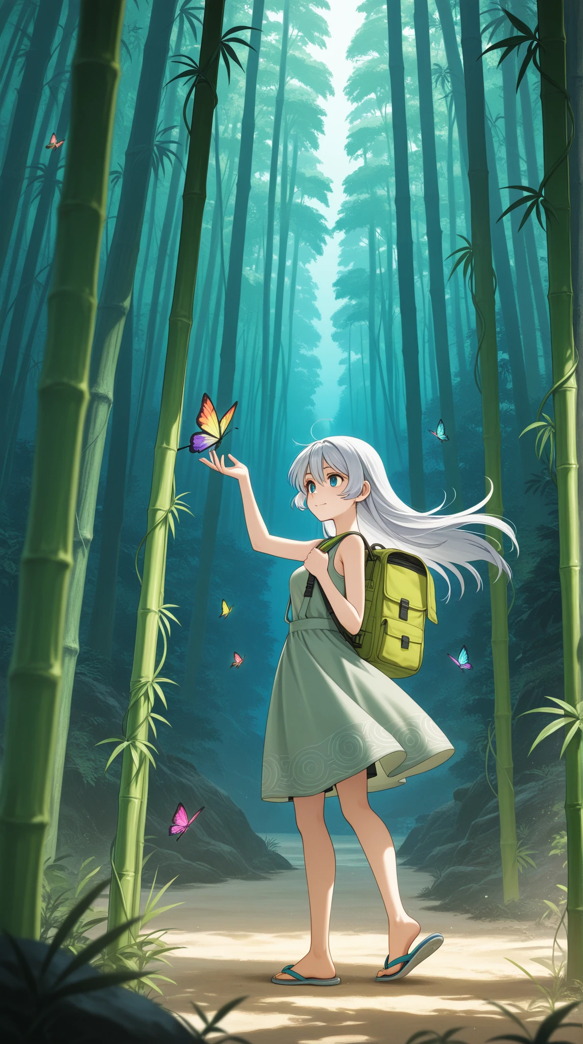 super high image quality，Rich in Details，Kiana wears a straw suspender dress、Beach shorts，Wearing flip-flops，Carrying a small bamboo backpack，hiking in the Balinese rainforest，Surrounded by giant ferns、Tall trees hanging from vines，holds a branch in her hand as a weapon，colorful butterflies flying through the woods，Kiana smiles brightly，Looking at the adventure map in her hand