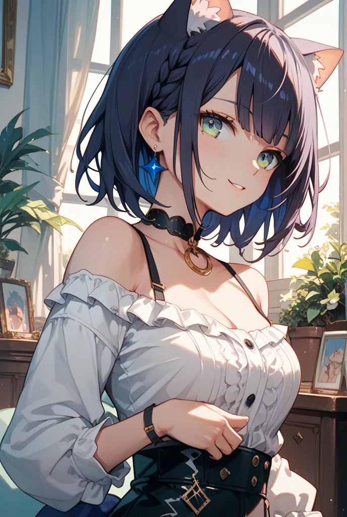 woman, short chopped black hair, cyan eyes, irises in shape of star, white shirt, black corset, black pants