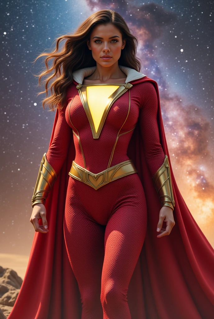 Lady Alafay in golden tights poses in front of mountains, endless power, endless, Female Giant art, endless, Similar to Marvel Comics, Female Giant, Daz Studio Genesis 1, Daz Studio Genesis 1 ultra hd, macro Female Giant, endless dawn, highly detailed Female Giant shot, goddess. Extremely high detail