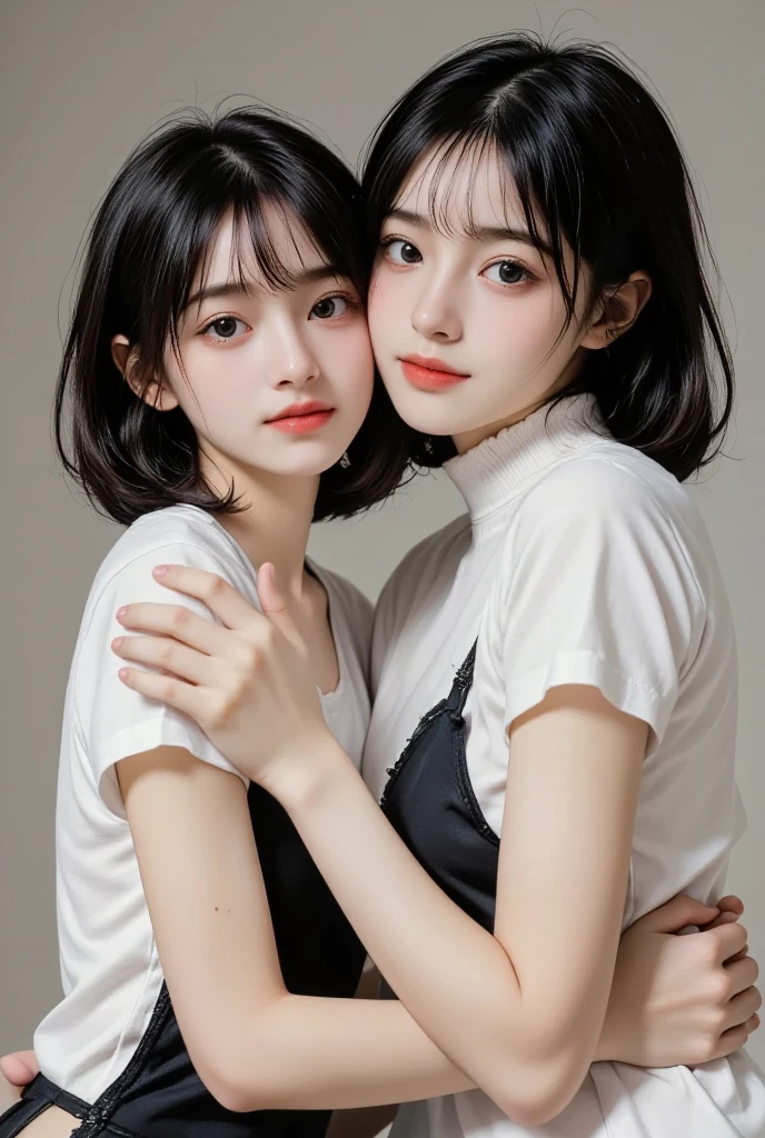 Two people facing each other and hugging happily、Two people hugging each other happily、Two people hugging each other tightly、Both of them stare intently at the camera、Look firmly at the camera、Lesbian couple、Lily couple、((Bring your cheeks together))、Two pretty and pretty girls、masterpiece、top-quality、realisticlying、realisitic、Seductive bright smile、Both of them have short clean hair with bangs、bangss、bangss、Both have short hair、clean hair with bangs、Short sleeve collar shirt with collar、Collared shirt、(Plaid pleated skirt)、enticing eyes、Both have very large breasts、very Bigger breasts、Big ass、big breasts thin waist、(cleavage of the breast)、(Immaculate white background with nothing really)、(24 year old)、ighly detailed、Very tall、neck long、the neck is long、Straighten your back、Put your ears out、Highlights in the eyes、lipgloss、glowy skin、White-colored skin、Clean collarbone、closes mouth、Close your mouth and smile、Happily、Nice proportions、lovely、Charming and endearing、Colorful random collar shirt、Colorful random color skirt、Do not add shadows、No shadows
