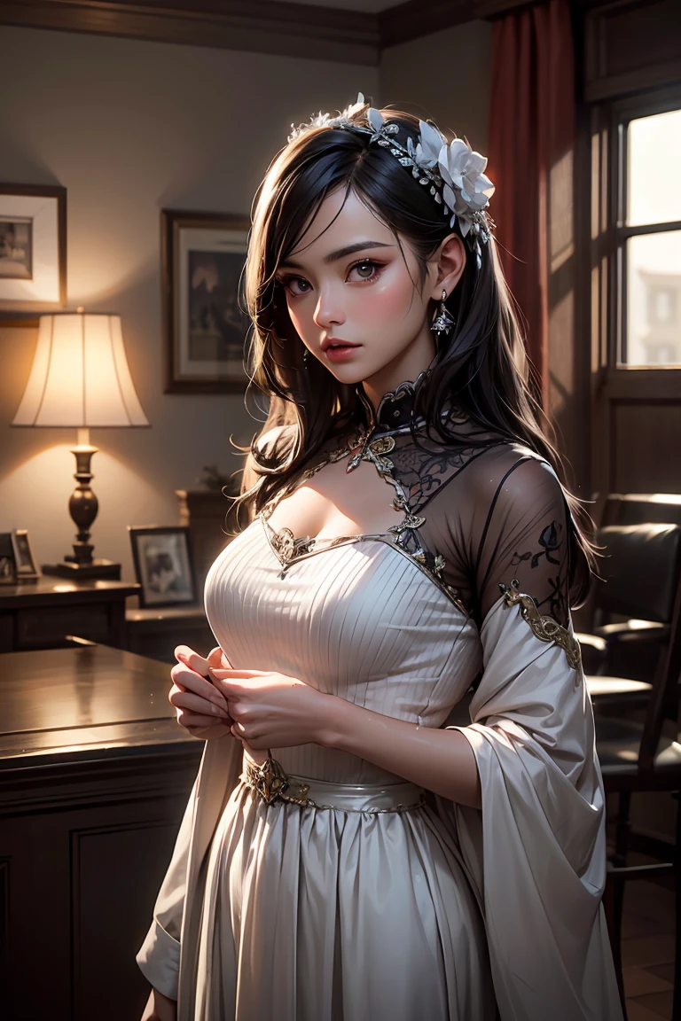 NSFW、masterpiece、Top image quality、high detailing、Detailed beautiful face and eyes、window、、(nighttime scene:1.5)、nighttime scene、(Black Blazer:1.2)、(red eyes:1.2)、Delicate interior design、(cowboy shot:1.2)、Adult panties、1girl in、(Black Long Straight Hair:1.4)、red blush、(a beauty girl)、full-face blush、embarrassed、angry、(Blunt bangs:1.2)、(huge-breasted:1.1)、Clothed big breasts、Big buttocks、thick thight、(In black stockings:1.4)、(Pants over pantyhose:1.4)、a choker、(adult body:1.2)、(Micro Black Pleated Skirt:1.2)、(Short skirt:1.5)、(Panties are visible:1.5)、(Skirt is pulled up:1.3)、(Strong wind from below:1.2)、(Strong wind from below:1.4)