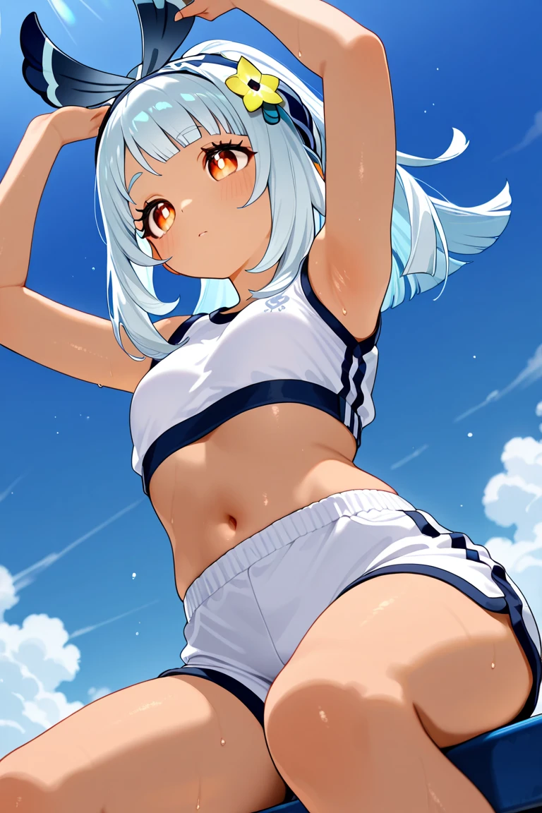 (Best Quality), (masutepiece), (super detailed), 1girl, MESUGAKI, Sharp Focus, eyesgod, up looking_viewer, animal ears, animal white tail, small underboob, Naked stomach, From below, Navy blue hair, Purplish red eyes, Thick eyebrows, Baby face, open mouth, double teeth, short cut hair, white and wet T-shirt,white hot pants, pool side, water splash, wet skin, thighs, dark brown skin, suntan lines, blue sky, white cloud