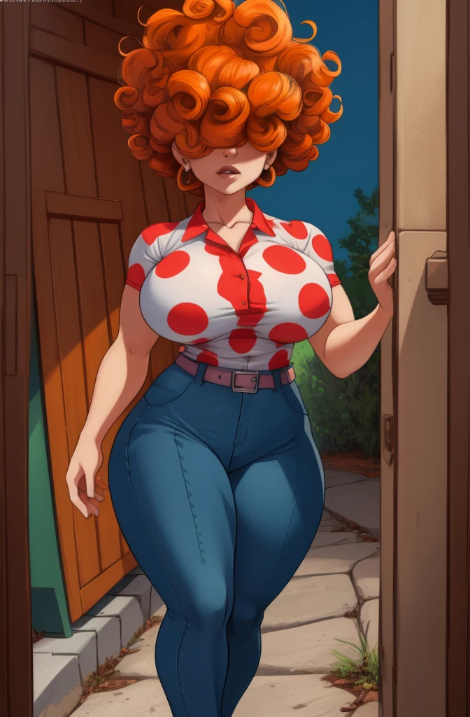 (best quality), (masterpiece), 1 girl, early 20's, huge heavy breasts, busty, massive breasts, thick, thick lips, wide hips, thin waist, LeeK, polka dot shirt, denim pants, belt