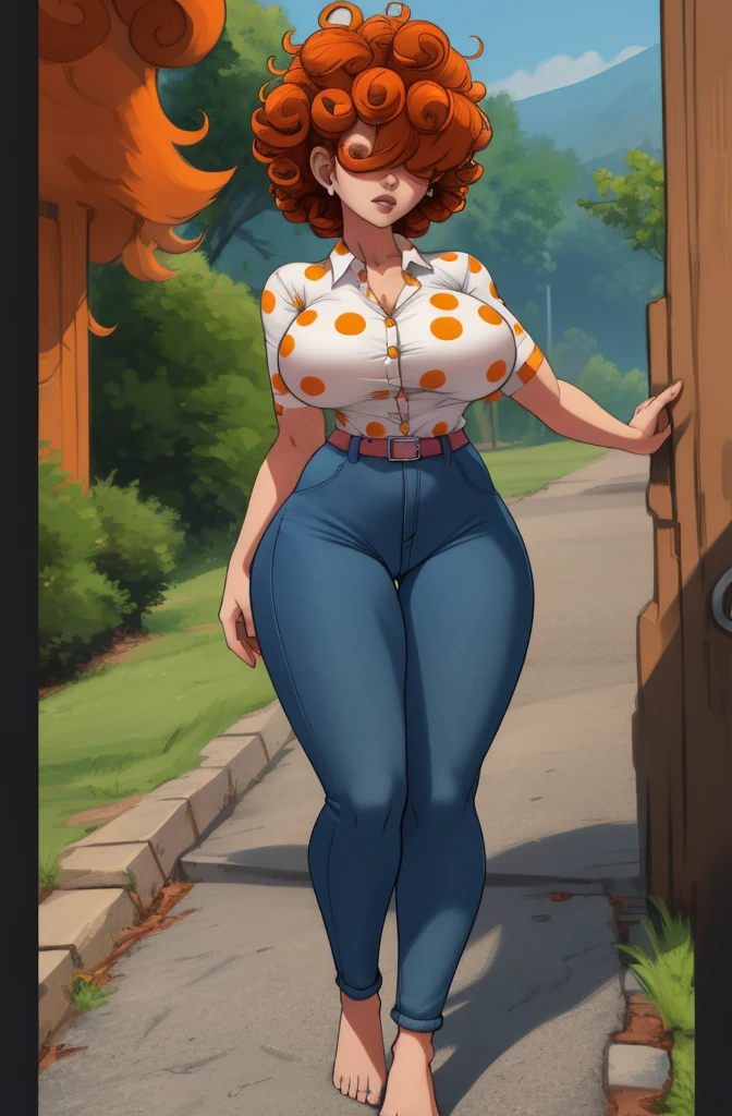 (best quality), (masterpiece), 1 girl, early 20's, huge heavy breasts, busty, massive breasts, thick, thick lips, wide hips, thin waist, LeeK, polka dot shirt, denim pants, belt