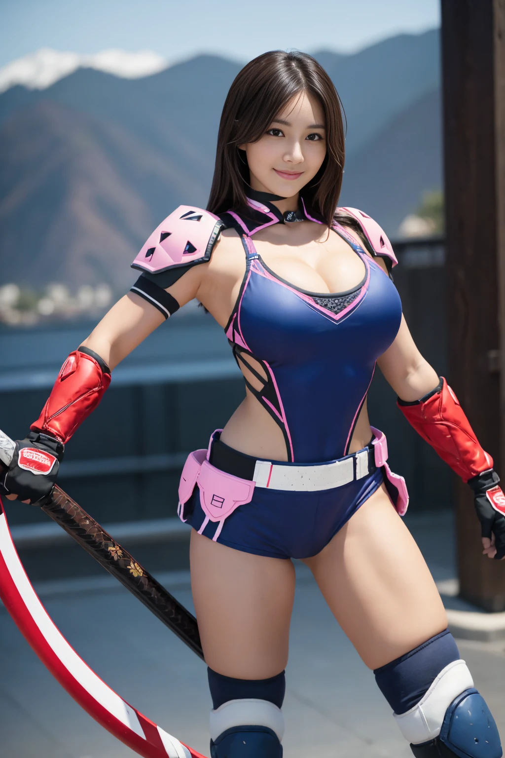 (The CG is very detailed.), (best quality), perfect face, Shiny skin, Shiny skin,wide hips, 1 girl,alone , Eukinetics,light purple hair,very long hair,low Twintail,Ahoge, purple eyes, Twintail, long hair,Mighty Cougar, ,Yellow horns,red armor, rider belt, glove, Diaphragm,navel,gold,,armor,belt,gag,bare shoulders, Thumbs up, smile,full body,