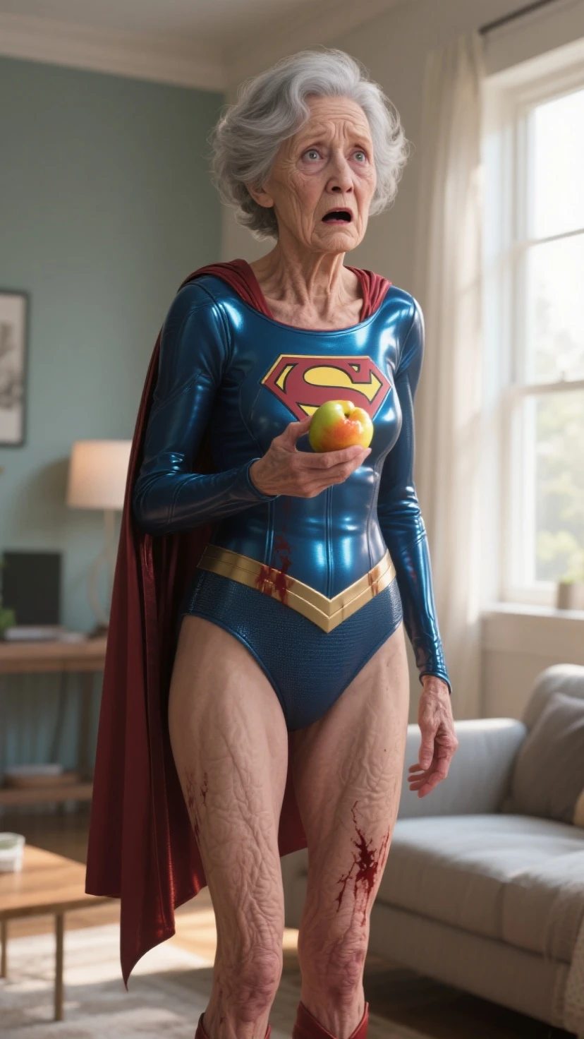 bbw superheroine in tight clothes is standing next to a small old woman, full bodies,
