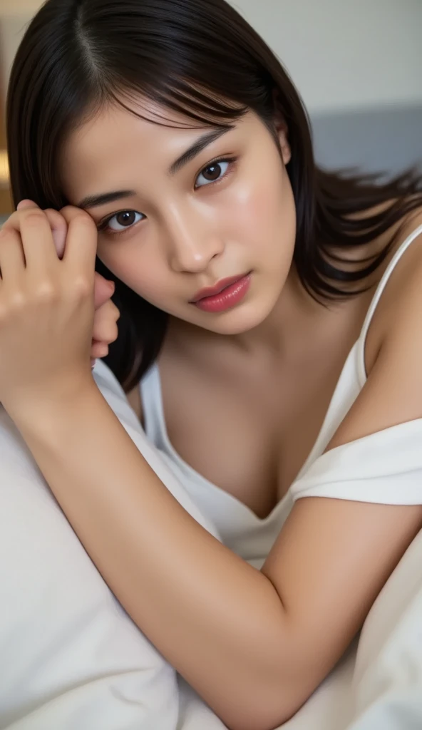 Perfect teeth alignment，Tongue licking，(highest quality,masterpiece:1.3,超High resolution),(Very detailed,Caustics,8k),(Realistic:1.4,RAW shooting),18-year-old,Japanese,Cute Sailor Uniform,Black long hair,forward leaning posture,Chest-up shot,Ultra-high definition 8K,highest quality,Very detailedな,Detailed skin texture,Scattered beneath the surface,(blush:0.5),masterpiece,Realistic,Rich details,Photographic realism,Very detailedな環境,Very detailedな照明,Very detailedな詳細,Photographic works,Painful expression,cry,目を開けてcry,(Lying in bed:1.5),Looking at the camera,Top view angle,,Natural light, bare skin above collarbone， Shoulder Bare Skin, masterpiece, highest quality, High resolution, View your viewers,(Face Focus:1.1),(Face close-up:1.1),