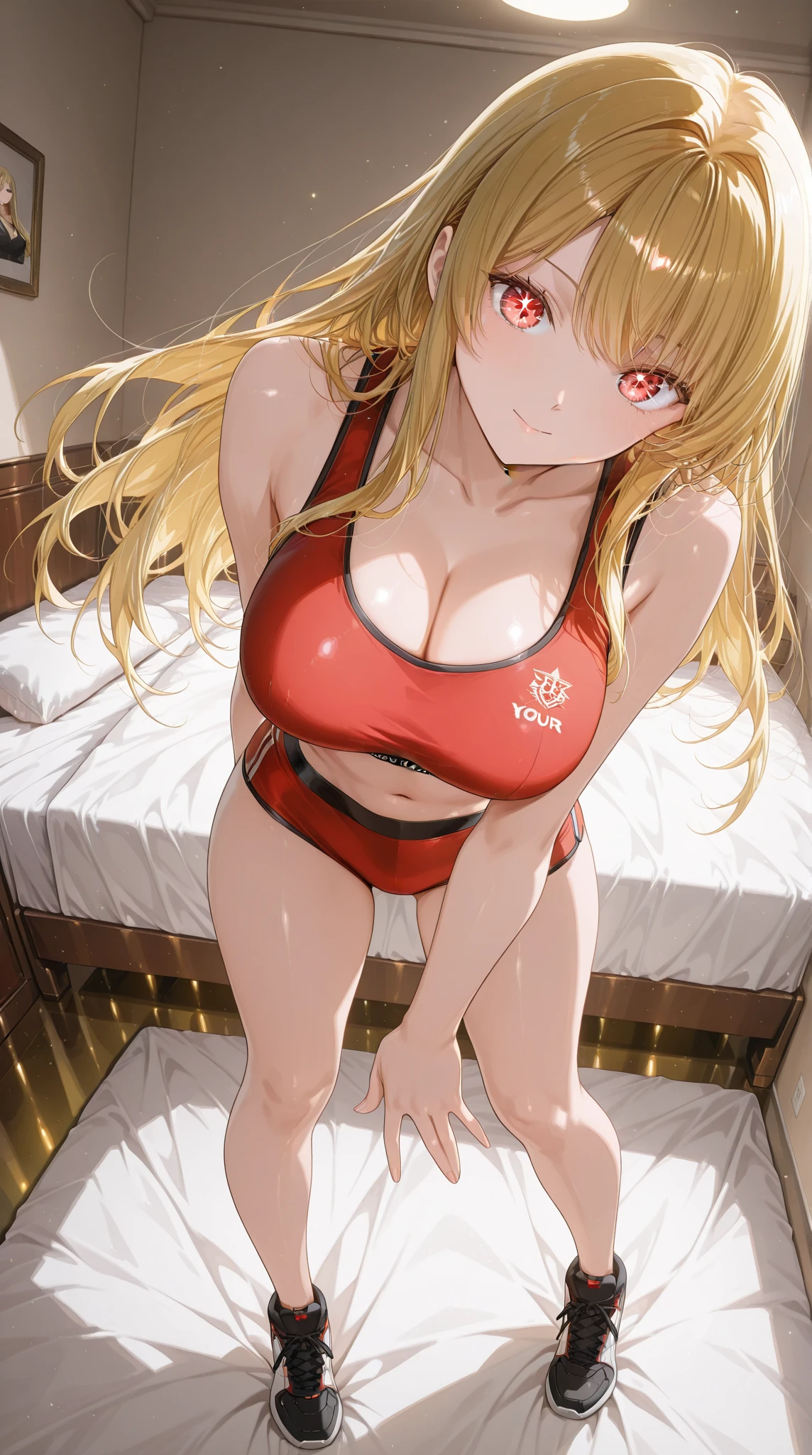 1 girls, (detailed light blue eyes, longeyelashes, detailed beautiful face:1.2), 4k quality, twintails, two sides up hair, (Long blonde hair:1.5), (arms behind back:1.3), (big breasts:1.6), (blushing:1.3), long hair, hair between eyes, (white bikini with side lacing, Red rope, 18 years old:1.5), (Bondage:1.3), raised eyebrows, full breasts, OTN, White Gag, gagged, (sitting:1.5), (sitting in a large modern bed in a bedroom, sitting in Front of a big window with a Sunny beach:1.6), looking at the Viewer