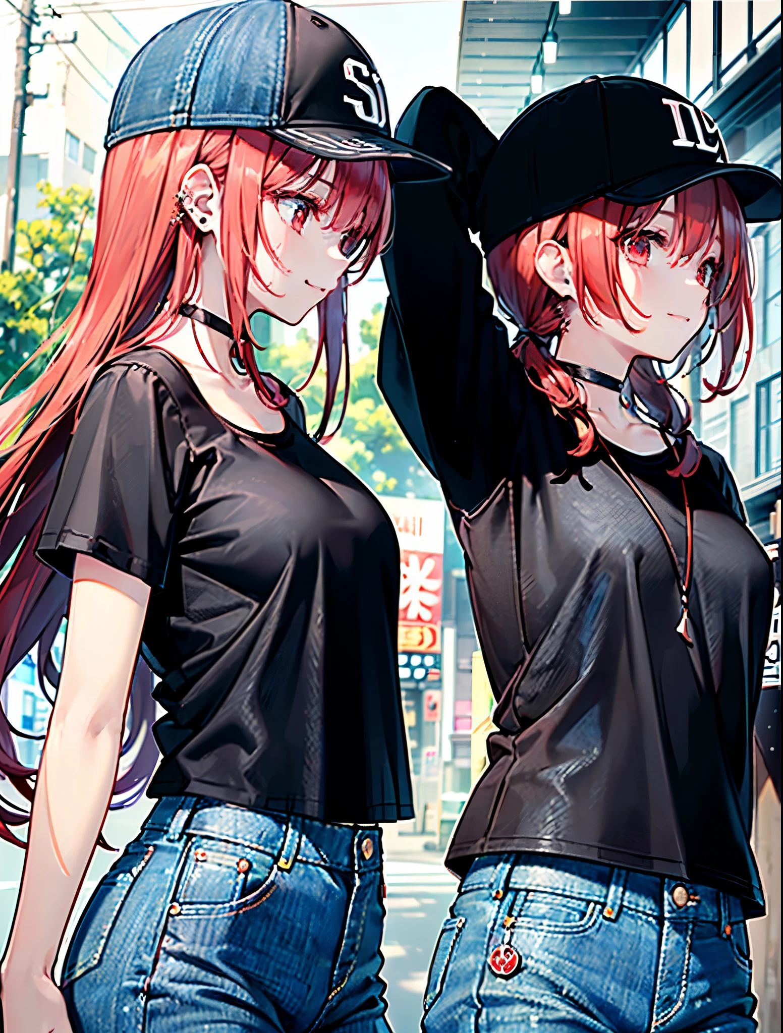 two girls, a young sexy red-haired girl with blue eyes wearing a black leather jacket and a short white shirt with short blue denim shorts, with your daughter pequeña, with your daughter, Little girl pequeña, Little girl chiquita, Little girl, pequeña de cabello gris con cabello largo de ojos azules camisa corta de color blanco, strong blue jeans