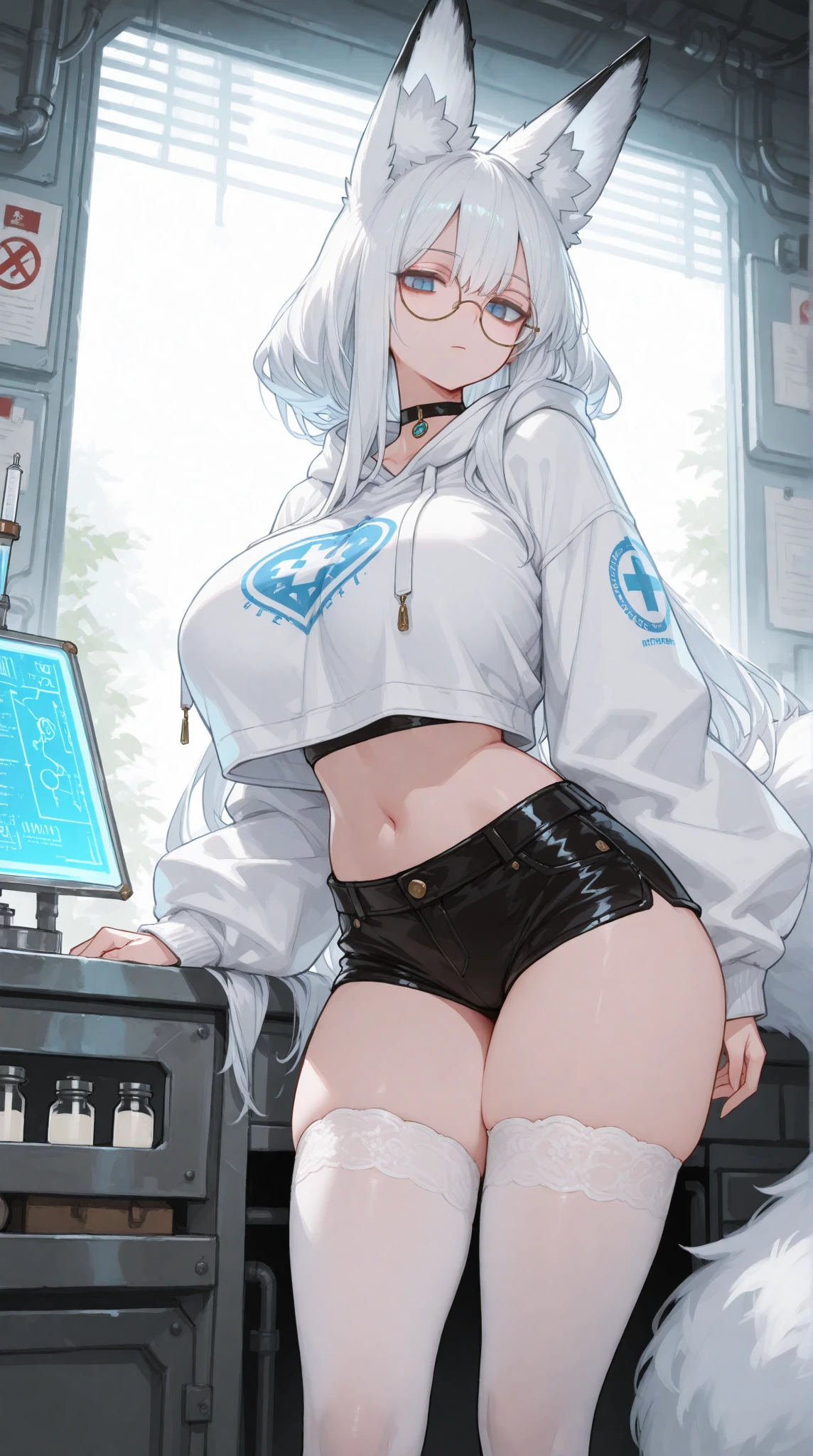 masterpiece , best quality , 1 sexy girl , (1 goose:1.2) , lab coat, doctor's white robe , (covered nipples:0.9) , (gigantic tits:1.2) , (thick arm:1.1) , thick thigh , gigantic hip , (white hair:1.1) , (plump:1.1) , surrounded by sci-fi machinery and monitor , (black glasses:1.1) , (evil smile:1.1) , (holding red crystal:1.2) ,