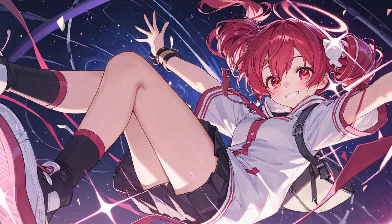 Woman with long ponytail、sailor suit、laughter、Float in the air with your legs crossed、red eyes shine、dark background、Insanity、