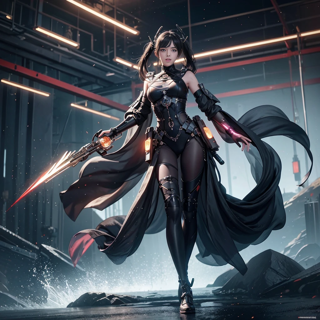 The girl is bandaged, leather gloves, shoes and shoulder pads, dark hood, mask with gears