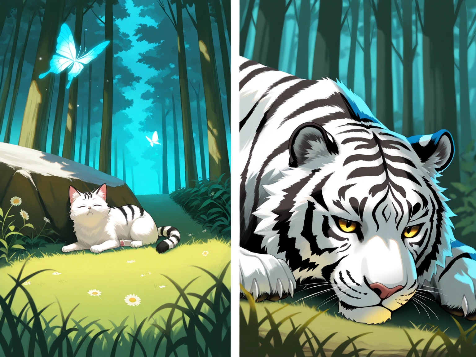 NSFW, photorealistic, size difference, Cute Fluffy Animals Style, small zhibi, AP, Pet portrait, photo, (8k), (ウルトラクオリティ)、(超詳細)、(美しい)、(傑作)、(最高品質), (dual persona:1.4, 1cat:1.3, 1tiger, 2koma),
Left side: Outdoors, dynamic angle, dynamic composition, Fields of grass and flowers.
During the day, a small cat lies quietly, exhausted, sleeping.
AND long black fur, AND fur with white spots.
BREAK
Right side: Outdoors, dynamic angle, dynamic composition, deep forest, large trees, lush grass.
At night, it transforms into a large tiger, howling on a large rock.
AND short white fur, AND fur with a pale tiger pattern, AND glowing butterflies.