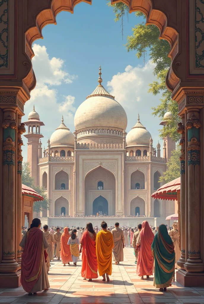 a historical mosque in Pakistan, like the Badshahi Mosque in Lahore, with magnificent Mughal architecture. Around the mosque, Muslims are seen wearing traditional clothing while praying or doing activities.