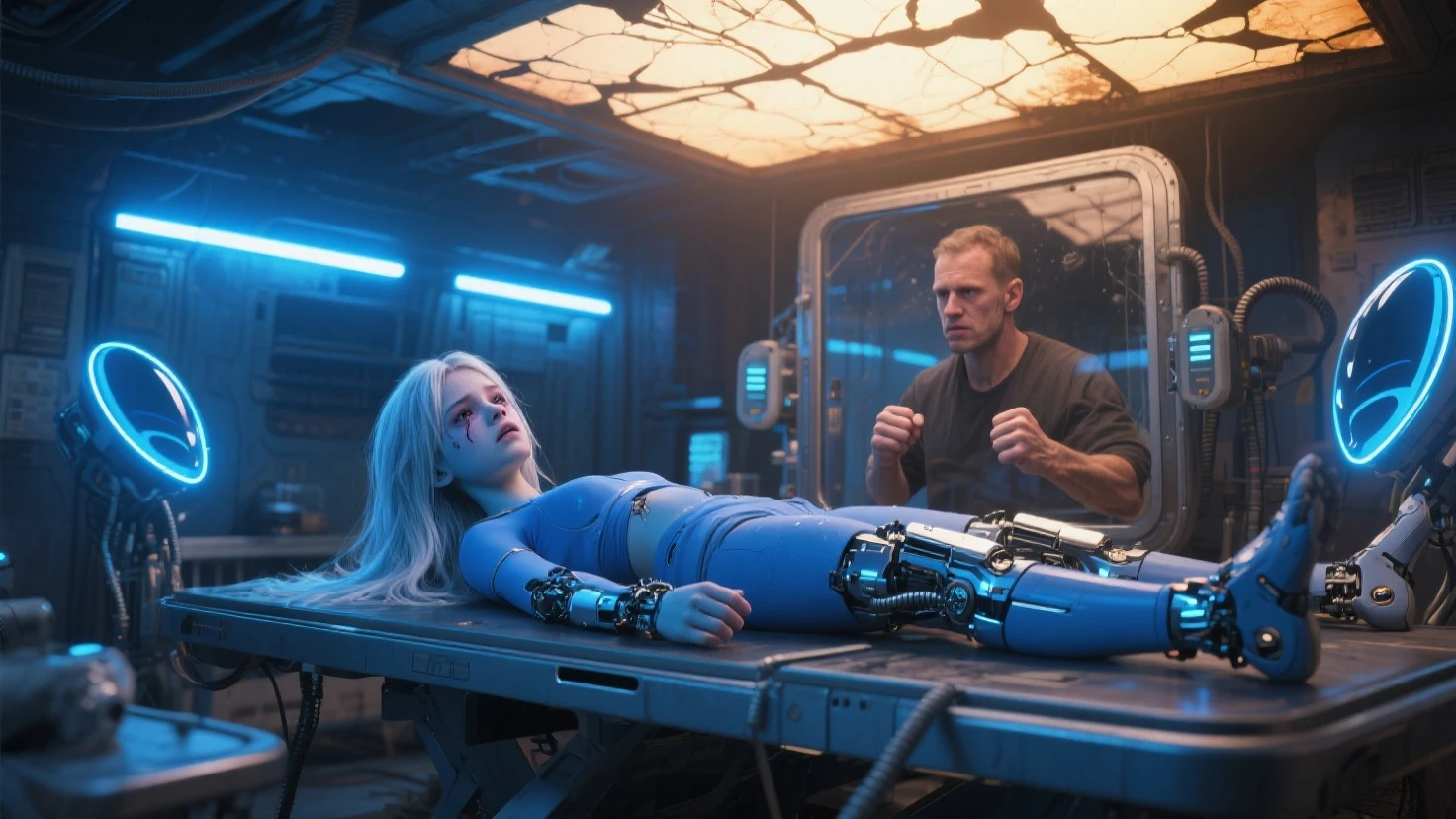 A white-haired woman in a white shirt and a robot doctor lie on the bed, diverse medical cybersuits, an alien robot naughty nurse, Female cyborg body, barbie cyborg, an oppai cyberpunk, cyborgs working, Beautiful white girl cyborg, hyper realistic sci fi realistic, Various therapeutic sportswear, Male doctor full body mecha，Scalpel in hand，The woman's legs are slender