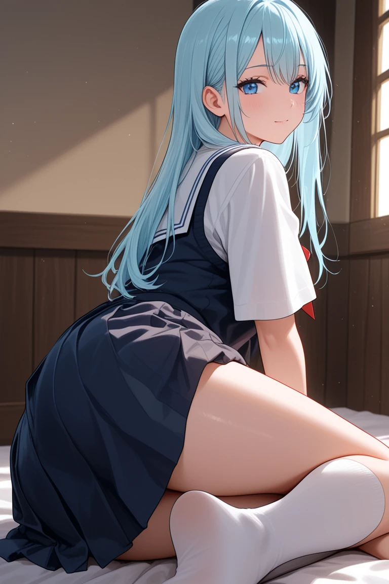 1 girl, , 超High resolution, retina, masterpiece, Accurate, Anatomically correct, Rough skin, Very detailed, Advanced Details, high quality, Awards, 最high quality, High resolution, High resolution, 4K,(anime,8k,masterpiece, 最high quality, 最high quality,beautifully、beautiful:1.2,Professional Illustration:1.1,Very detailed:1.3,Perfect lighting),Very detailed,Most detailed,High resolution,Cute pose,Embarrassing,Light blue hair,(bed:1.5),folder,(Looking down from above:1.5),(trembling:1.9),(Looking down from above:1.5),(orgasm:1.2),dissatisfaction,Crawling posture,Dorsal position,(From behind:1.5),(Prone:1.5),how,(Ass Focus:1.5),From behind,Upper Body,(school uniform:1.5),(wet clothes:1.5),(back facing:1.5)