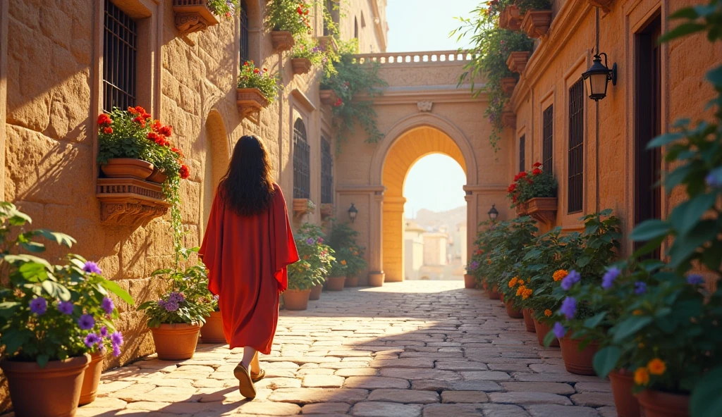 A pretty young girl with black hair and black eyes, dressed in a long biblical-style tunic, she shows astonishment in front of an angel who is greeting her, Inside a house in a Disney Pixar style village in ancient Jerusalem.