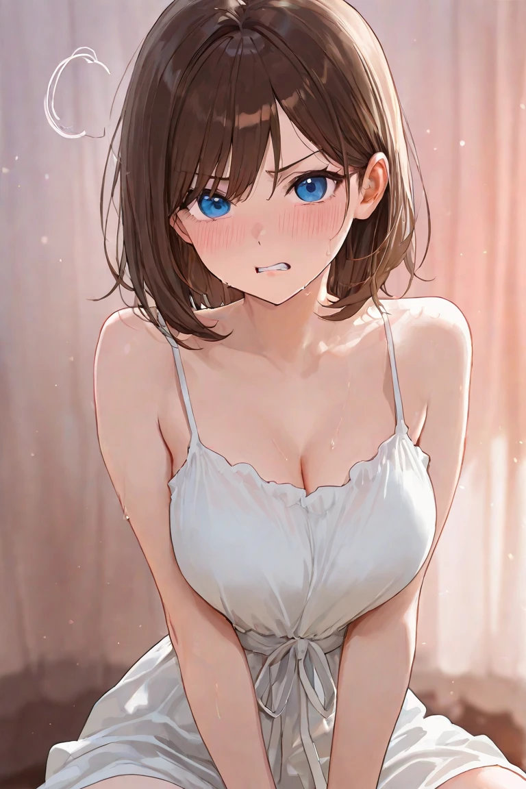 masterpiece, absurdres, best quality, ultra detailed, high Resolution, detailed illustration, bright colour, (extremely beautiful detailed face and eyes, Delicate beautiful face, 1 girl, cute face:1.3), (magenta eyes:1.1), sparkling eyes, big eyes, medium breasts, (perky breasts:1.1), (pointy breasts:1.1), medium hips, glamorous body, white skin, BREAK, long bob cut, (blonde hair:0.8), messy hair, detailed hair, shiny hair, BREAK (undressed, long camisole:1.5), (SEX, vagina, Masturbation:1.3), perfect lighting, (embarrassed:1.5), (ecstasy, vulgarity:1.5), (trembling:0.8), On all fours,