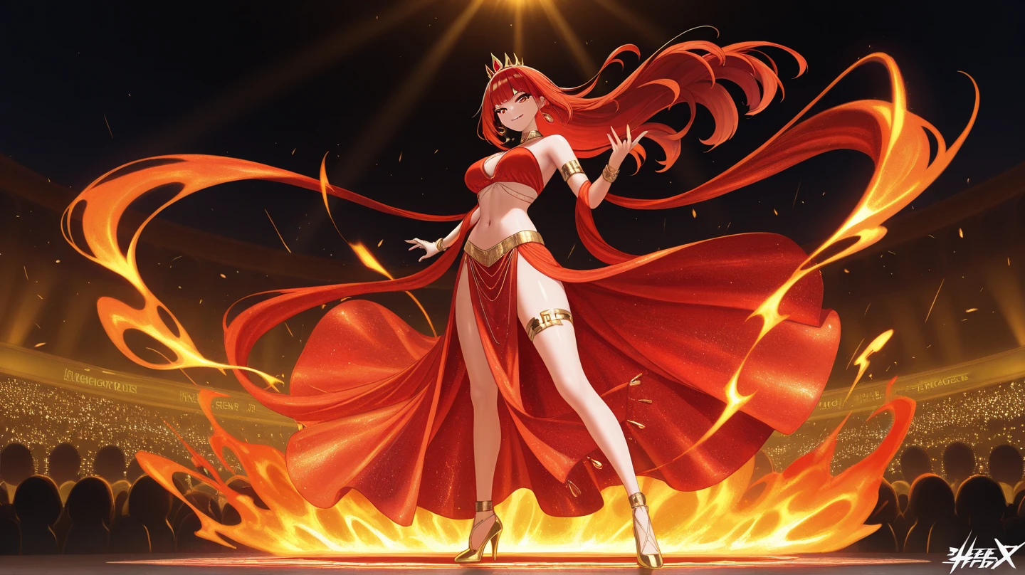 Anime Art、Full body portrait、Dancer in the fantasy world、A tall woman, about 175cm tall and about 34 years old, wearing a red bikini swimsuit and a slit skirt, dancing outdoors at night、Red eyeshadow、A strong smile、Her hair is wavy and semi-long、Red hair、Slit eyes、Blue Eyeilitary cap、Gold earrings、Gold Necklace、Gold Circlet、Gold Bracelet、Gold Anklet、barefoot、Flat chest、Red arm covers