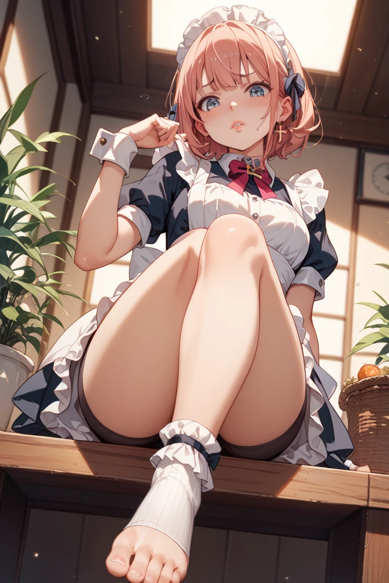 (), Masterpiece、Highest quality、Highest quality, (long and thin legs, shoes:1.2), Arm behind wrist, squat、Spread your legs、1 girl, (smile、Open your mouth大笑い:1.2), Cute eyes, (Detailed face:1.3)、Open your mouth, The whole face turns red, alone, Oversized , Big and ample , (Straight bangs, bowl cut), White maid outfit、Side bust、Underbust、belly button、Walking through the mansion'corridor、nsfw、shoes下