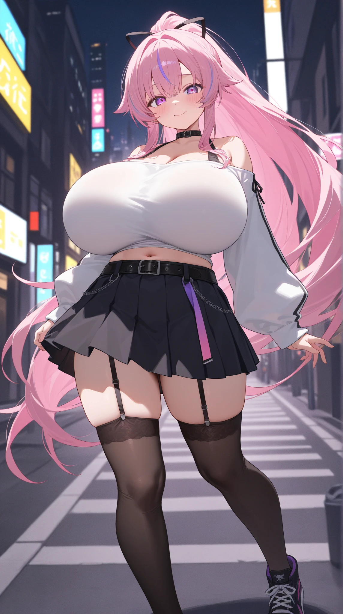 masterpiece, best quality, high resolution, uhd, 4k, 1girl, (pink hair, long hair, detailed hair, cat ears, pink eyes, black hair ribbons:1.2), (adventurer’s outfit, hood, tank top, skirt, thigh highs:1.2), forest, (curvy, slim waist, huge breasts, bottomheavy, gigantic thighs, extremely wide hips:1.1)