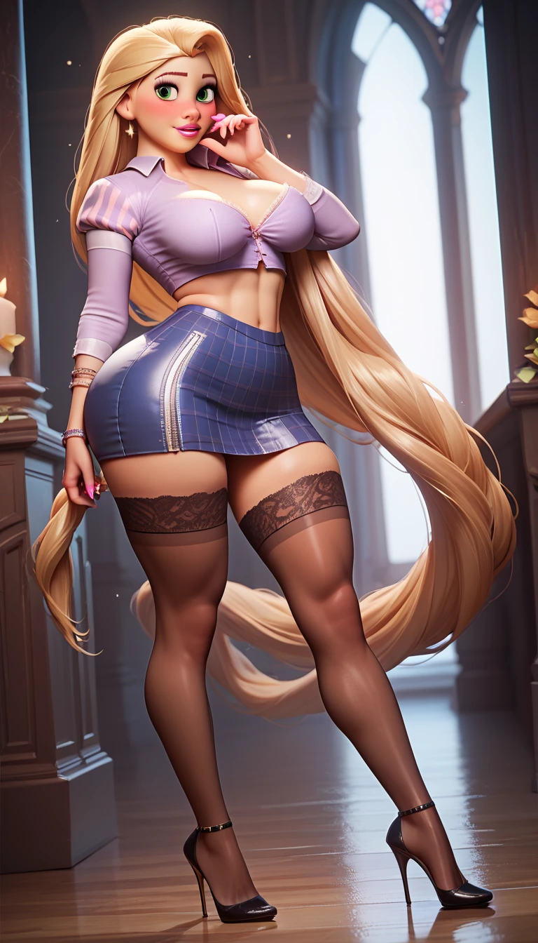 Elaborate CG artwork, (best qualtiy, exquisite detailing, absolute masterpiece), (Head to Toe Image)), ((Full body image)), ((posterior view)), (Squat), (plus size model)), (chubby), (Beautiful mature woman with mahogany black skin、Wearing too small tight panties and high-heeled knee-high boots), (mahogany colored dark skin))), (Light silver hair))), Detailed beautiful mature face, very detailed beautiful face and eyes, (detailed seductive and sharp eyes), (plump shiny purple lips)), (Purple Eye Shadow), blush, (sadistic seductive smile), (Curvaceous), ( unbelievably huge curvaceous hips), (very huge sensual ass), (ridiculously massive thick thighs), (Very shiny white uniform), (glittery skin), (wet oily skin), Fingernail Art, Jewelry, Bracelet, hoop earrings, asymmetrical bangs, streaked hair, blonde hair, ponytail, asymmetrical bangs, (From below)