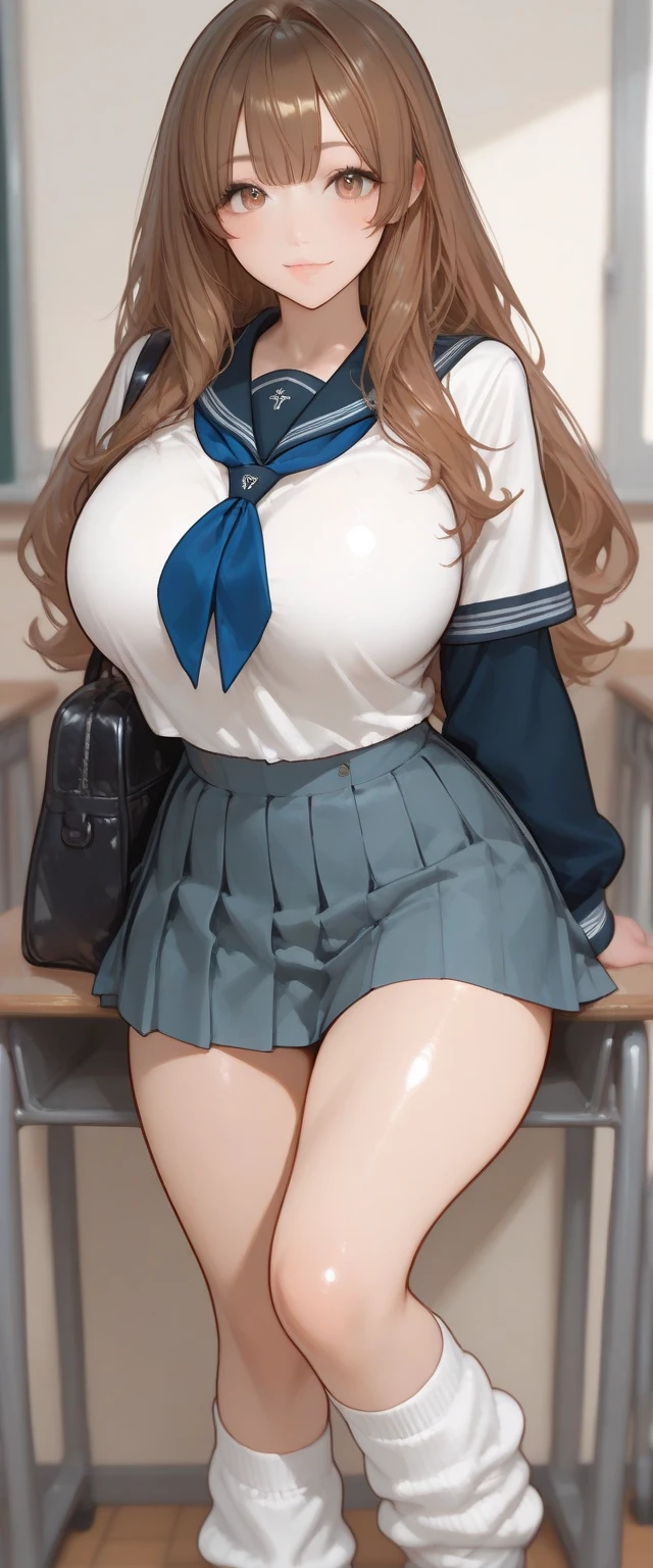 1girl in, Parted lips, blush, makeup, lightsmile, School uniform, Full body, Wide Angle, From above, crass room, llight rays, Glow, thighs thighs thighs thighs, 鎖骨, Narrow waist, (masutepiece), Wallpaper,Wet body、Drooling、White socks、Chest about to burst、cum shots