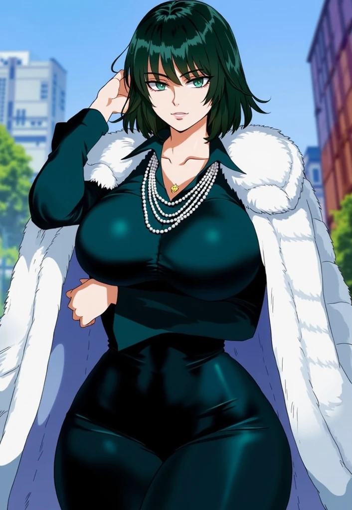 Anime art style, Fubuki from one punch man, green hair, white skin, detailed eyes, wearing V-neck dress, sitting on sofa, surrounded by black suited men, black suited bodyguards around her, crowd area, front boobs visible slightly, cinematic lights, blushing cheeks, horney face, smilling, big breast, beautiful scenery