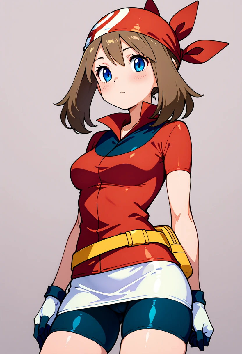 (best quality,4k,8k,highres,masterpiece:1.2), ultra-detailed, realistic:1.37, HDR, studio lighting, vivid colors, may, shirt, bike shorts, bandana, red shirt, hairband, medium hair, gloves, shorts, bow hairband, sleeveless, red bandana, smile, loved gaze, happy, visible thighs, thick thighs, thighs in the foreground, in a mexican town, a girl running in a mexican town, body shape, accompanied by a group of pokemons, she is happy