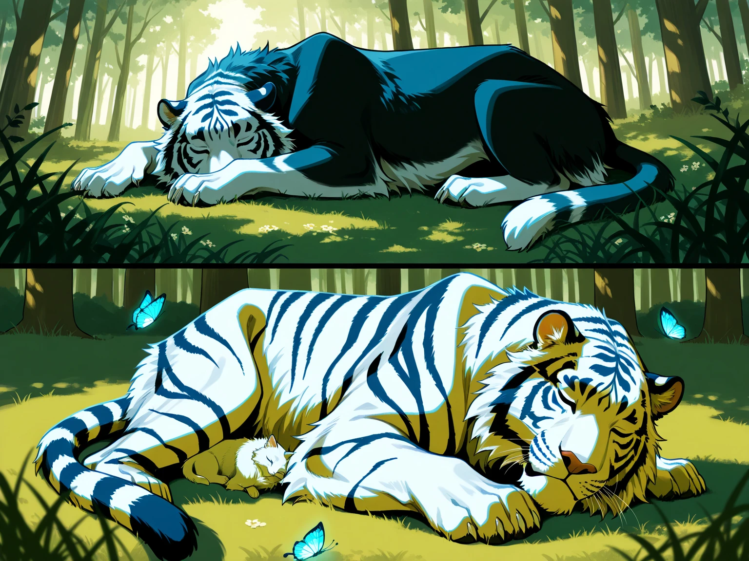 NSFW, photorealistic, size difference, Cute Fluffy Animals Style, small zhibi, AP, Pet portrait, photo, (8k), (ウルトラクオリティ)、(超詳細)、(美しい)、(傑作)、(最高品質), (dual persona:1.4, 1cat:1.3, 1tiger, 2koma),
BREAK
Left side: Outdoors, dynamic angle, dynamic composition, Fields of grass and flowers.
During the day, a small cat lies quietly, exhausted, sleeping.
AND long black fur, AND fur with white spots.
BREAK
Right side: Outdoors, dynamic angle, dynamic composition, deep forest, large trees, lush grass.
At night, it transforms into a large tiger, howling on a large rock.
AND short white fur, AND fur with a pale tiger pattern, AND glowing butterflies.