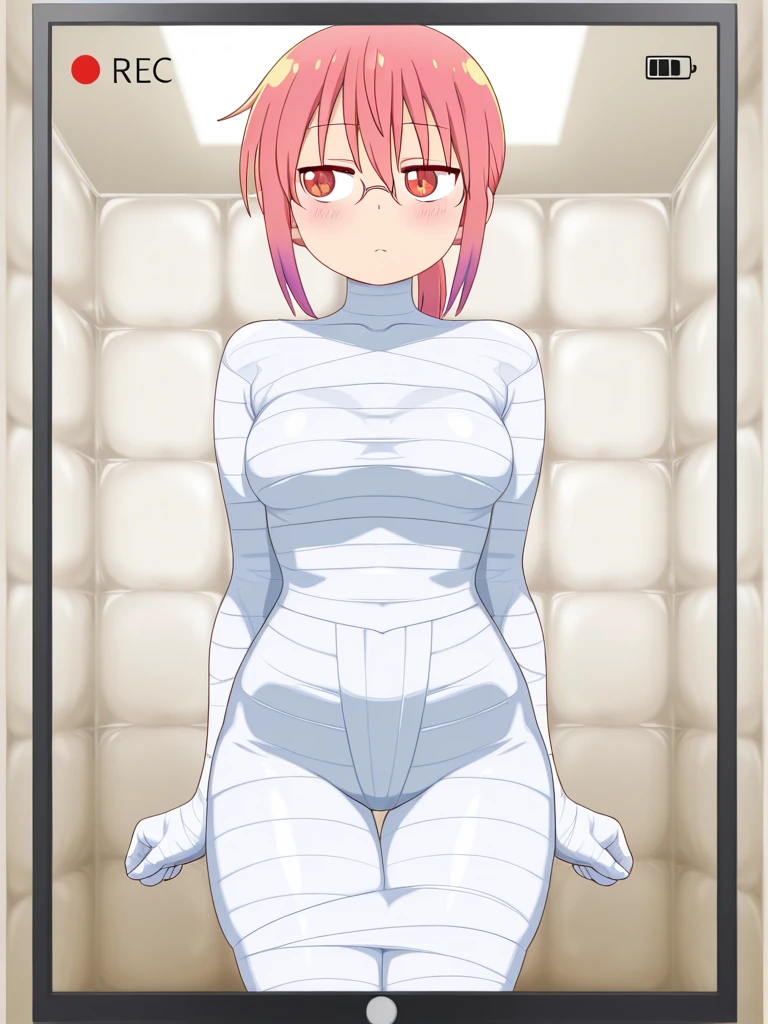 Kobayashi, blushing, frown, Posing embarrassed, (Bust size very very small.)), (flat chest:1.2), mummy costume