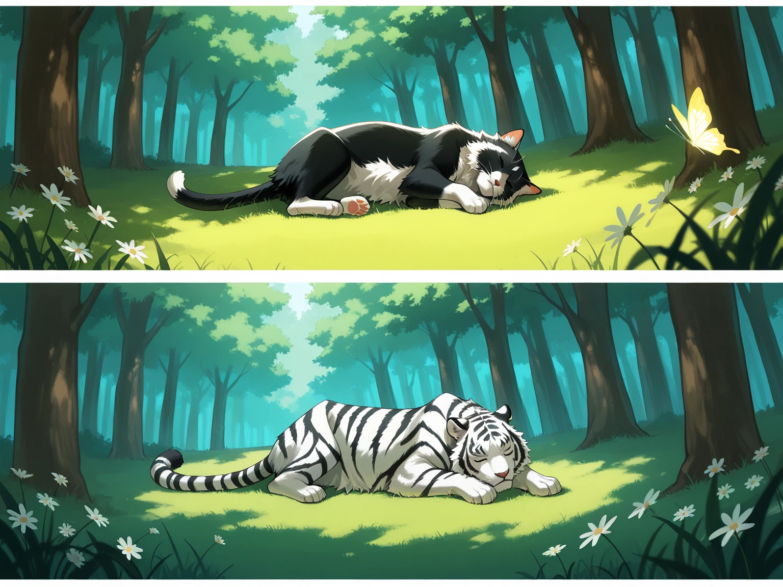 NSFW, photorealistic, size difference, Cute Fluffy Animals Style, small zhibi, AP, Pet portrait, photo, (8k), (ウルトラクオリティ)、(超詳細)、(美しい)、(傑作)、(最高品質), (dual persona:1.4, 1cat:1.3, 1tiger, 2koma),
BREAK
Left side: Outdoors, dynamic angle, dynamic composition, Fields of grass and flowers.
During the day, a small cat lies quietly, exhausted, sleeping.
AND long black fur, AND fur with white spots.
BREAK
Right side: Outdoors, dynamic angle, dynamic composition, deep forest, large trees, lush grass.
At night, it transforms into a large tiger, howling on a large rock.
AND short white fur, AND fur with a pale tiger pattern, AND glowing butterflies.