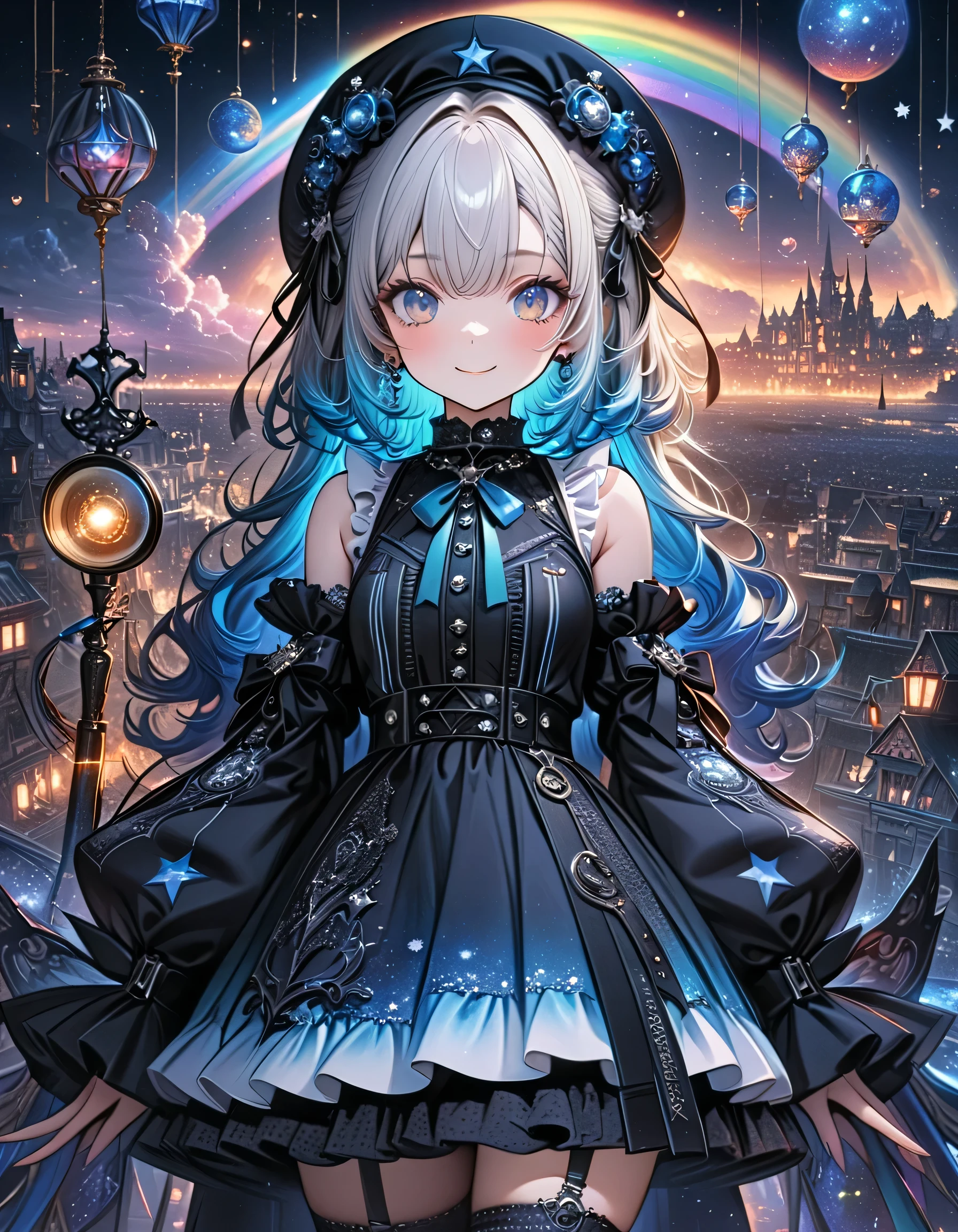 best details、CG、HHD、32K、Cute cute smile、facing the viewer、character design sheet、1girls, cute, masterpiece, Lots of Decorations , High Quality, very detailed, 8k, magnifying glass , long hair, straight hair, Bang, gothic, frills, race, traditional pattern , Starフェアリー, Small Wings, Shoulders are exposed、(((milky white and blue gradient hair color))), unique and cute hairstyle, gothic ta kimono, long sleeve, Flared cuffs, dark navy blue and orange space pattern clothes, star-themed magic wand, Boots, sky blue image color, neon color palette, character design, space, Meteor Shower, Star, シューティングStar, Celestial Bodies, Rainbow , milky way, multicolor gradation eye, Star-shaped beret