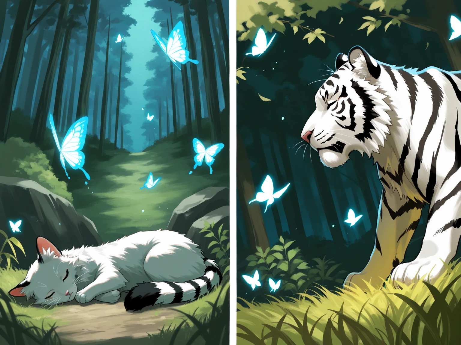 NSFW, photorealistic, size difference, Cute Fluffy Animals Style, small zhibi, AP, Pet portrait, photo, (8k), (ウルトラクオリティ)、(超詳細)、(美しい)、(傑作)、(最高品質), (dual persona:1.4, 1cat:1.3, 1tiger, 2koma),
BREAK
Left side: Outdoors, dynamic angle, dynamic composition, Fields of grass and flowers.
During the day, a small cat lies quietly, exhausted, sleeping.
AND long black fur, AND fur with white spots.
BREAK
Right side: Outdoors, dynamic angle, dynamic composition, deep forest, large trees, lush grass.
At night, it transforms into a large tiger, howling on a large rock.
AND short white fur, AND fur with a pale tiger pattern, AND glowing butterflies.