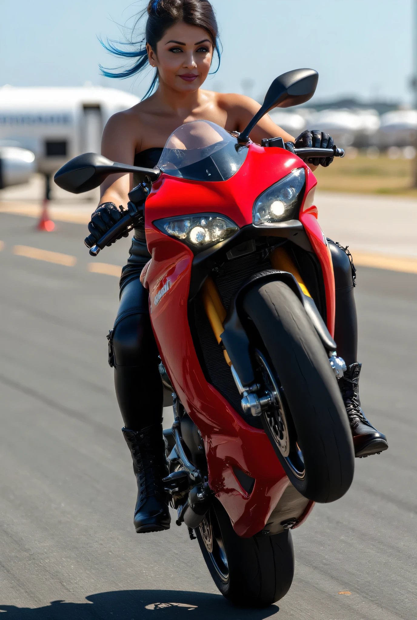 Full body photo of 50YO MATURE MILF AISHWARYA RAI as a SEXY ARMY MILF COMMANDO, WEARING (((BLACK TIGHT LEATHER PANTS WITH STRAPLESS CORSET TOP EXPOSING CLEAVAGE AND MID RIFF))), ((((DARK SMOKY EYE MAKEUP WITH ARCHED EYEBROWS)))), COMBAT BOOTS, COMBAT GLOVES, KNEEPADS, intricate details, PERFORMING A WHEELIE STUNT ON A RED DUCATI PANIGALE in an airstrip, ((FLIRTATIOUS SARDONIC SMIRK)), ((MESSY BUN TIED HAIR WITH BLUE HIGHLIGHTED STREAKS)), SUNNY day scene, MATURE CURVACEOUS MILF FIGURE, look straight at camera, bright volumetric lights, intricate details, (ArtStation:1.2)