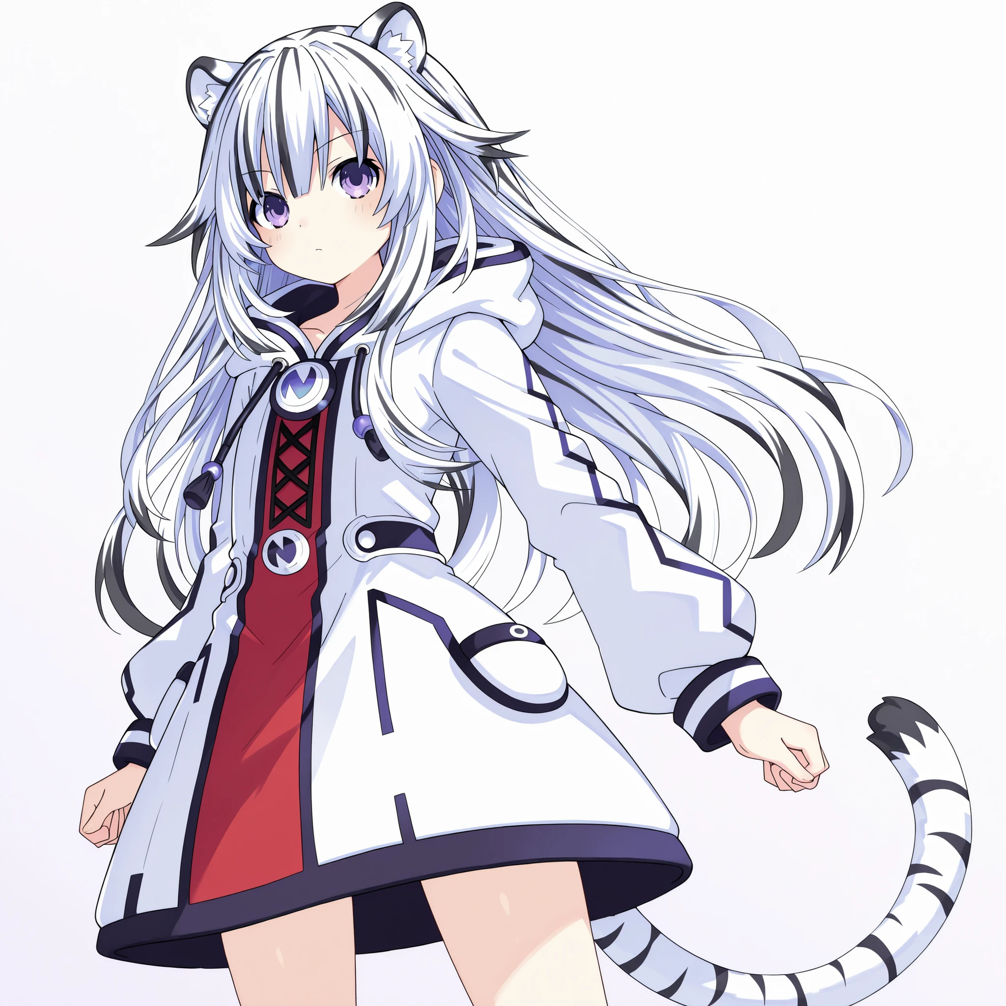 1girl, solo, Neptunia style, long hair, white hair, black hair, multicolored hair, white tiger ears, white tiger tail, standing, purple eyes, pinkish red parka dress, black parka dress, multicolored parka dress.