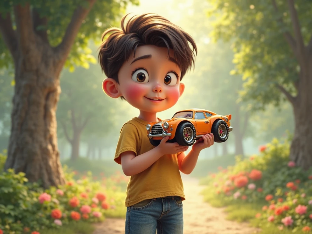 a image a cute boy sit on a car