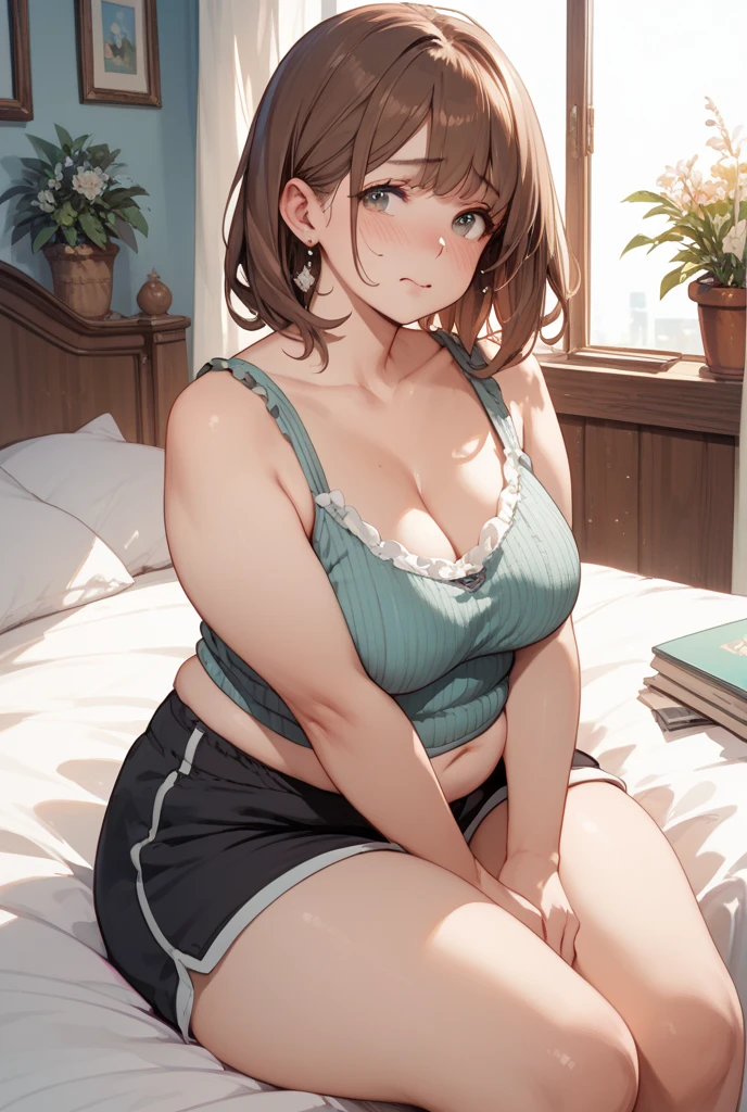 masterpiece,ultra detailed,1woman,off-the -shoulder short blouse,plain blouse,patterned skirt,plump body,medium tied up hair,brown hair,(tareme),mature cheerful woman,green eyes,lying on bed