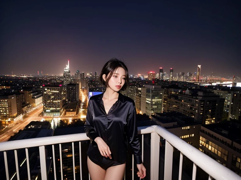 ((New York City at night))，((Spectacular night view))，Inspired by the 007 movie，bond girl，（Dramatic:1.3），(Top quality, Original Photography, Ultra HD), (Reality: 1.4), RAW photos, 1 girl, Very detailed face，With a mask，Black Hair, Real skin texture，Full body portrait, (((open silk shirt、Micro Fashion Bikini)), Very detailed costume，Huge buttocks，standing atop a mountain peak，In the distance is the night view of the modern city，Sideways to the audience
