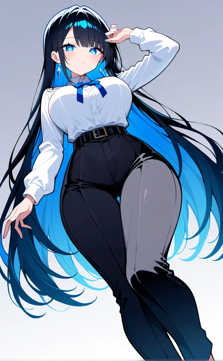A woman with long black hair, light blue eyes，blank pants, wearing a white shirt and black pants, smiling, tight pants, fat butt, white butt, beautiful butt, fat butt, beautiful butt, ass, with her back to me, her back to , buttocks, butt, camel toe, pubic mound Du Qiong, anime girl, blush, tenderness, smile, high quality, don't show excessive composition problems, masterwork, skin Fair, smooth skin, clear pupils, high-definition picture quality , perfect composition, fine characterization, extreme details, coordination of light and shadow, precise body proportions, (correct proportions of facial features), (exquisitely sculpted face), epic works, 8K, (Masterpiece), (High Quality), (Super Detailed), ((Illustration))