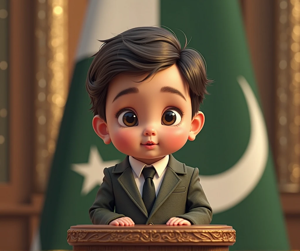 a young boy sitting on prime minister seat with labe name qamar ul zaman