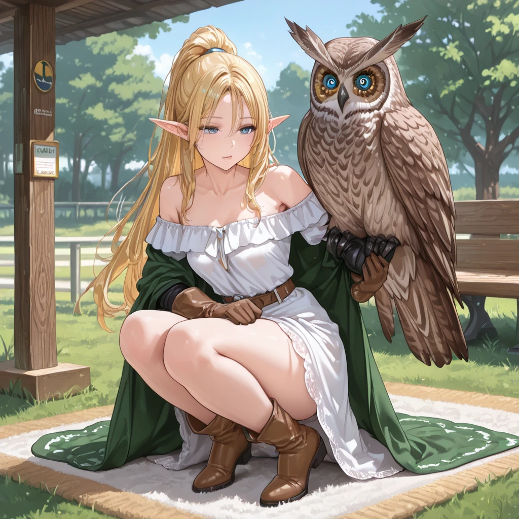 (A Sexy Female Elf,Scout Guard,charming,Temptation,Intellectual,Golden Long Hair High Ponytail,Curved Delightful,age Girl,Grass Green Cloak,White Off-Shoulder Carpet Dress,long legs,Elf Boots,blue eyes,Leather Shaft Gloves),((Handicap,Big Owl Station Gloves,Get ready to release the huge owl on the arm)),Squatting on a Tree Branch
