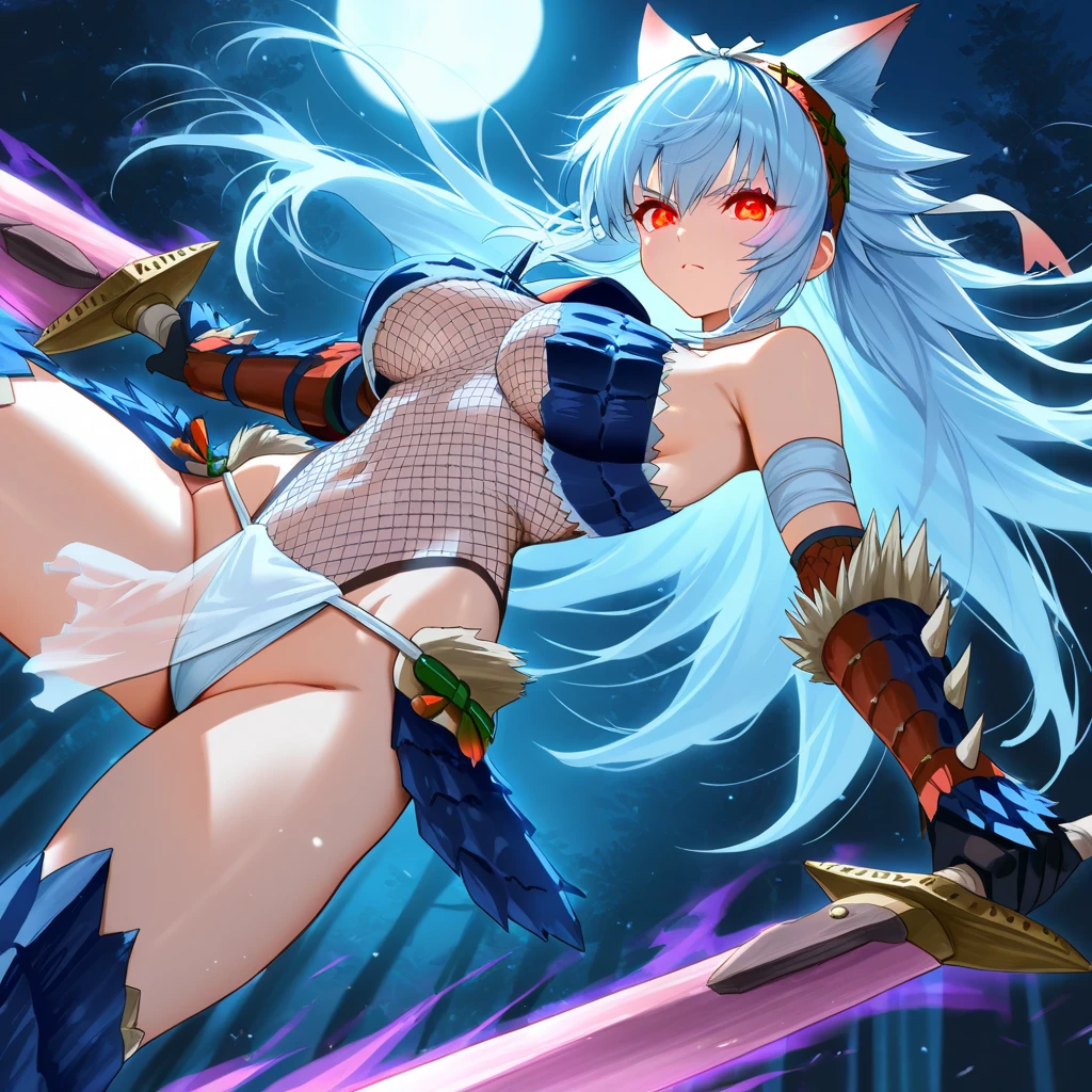 an animated character is in the background of a video game screener and an image of a girl in an with a sword on her shoulder and her breasts spread out